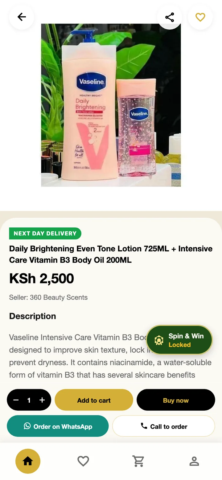 Product page with price, Add to Cart, Buy now and Order via WhatsApp
