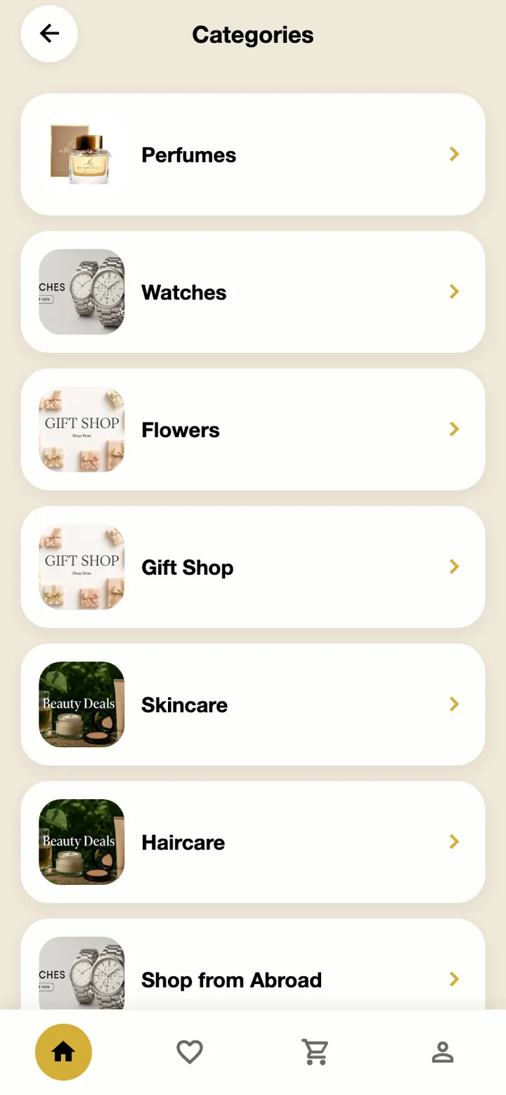 Categories list including perfumes, merch and accessories